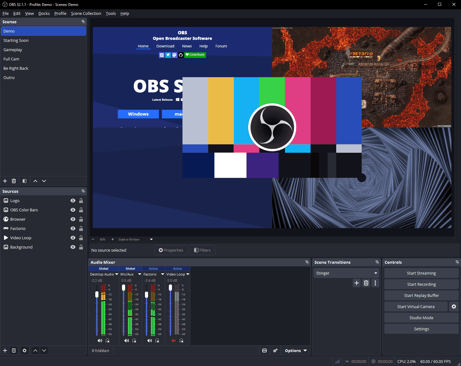 OBS Studio scene editor showing screen capture and recording sources