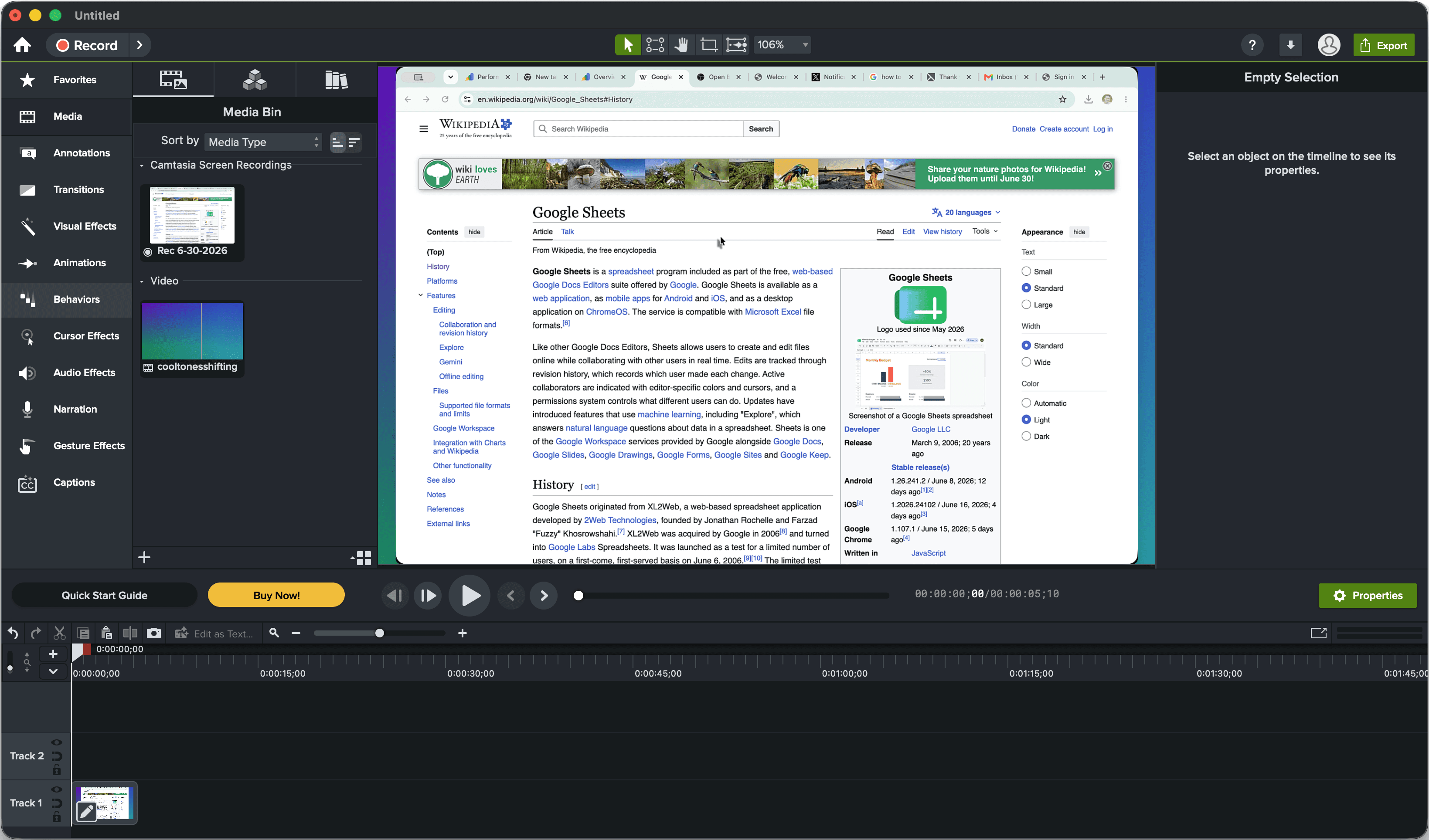 TechSmith Camtasia video editor with screen and webcam recording tracks