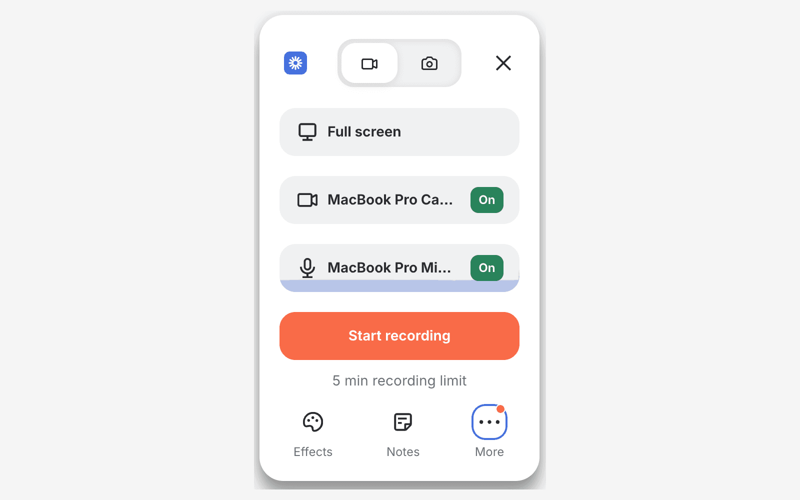 Loom screen recorder showing recording options for camera, microphone, and screen