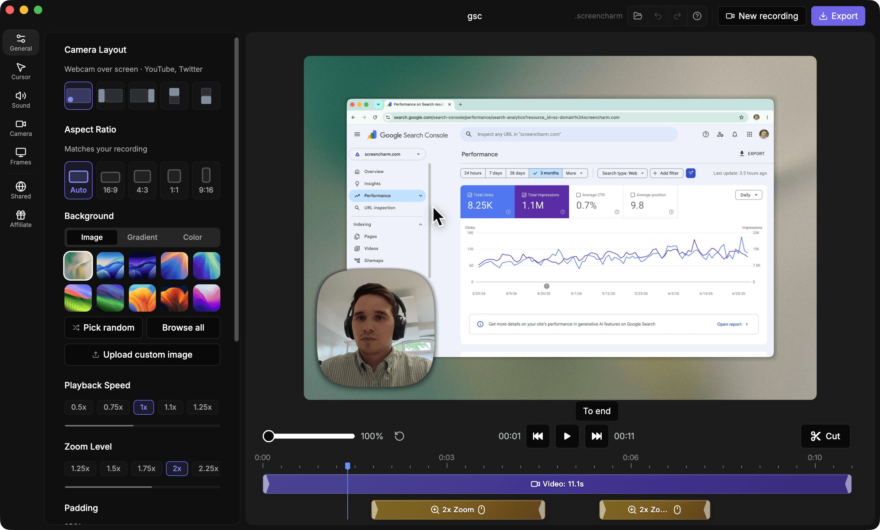 Screen Charm Mac recorder with smart auto-zoom and facecam recording