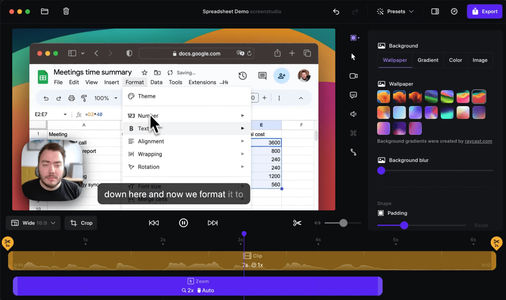Screen Studio recorder showing zoom presets and background options on Mac