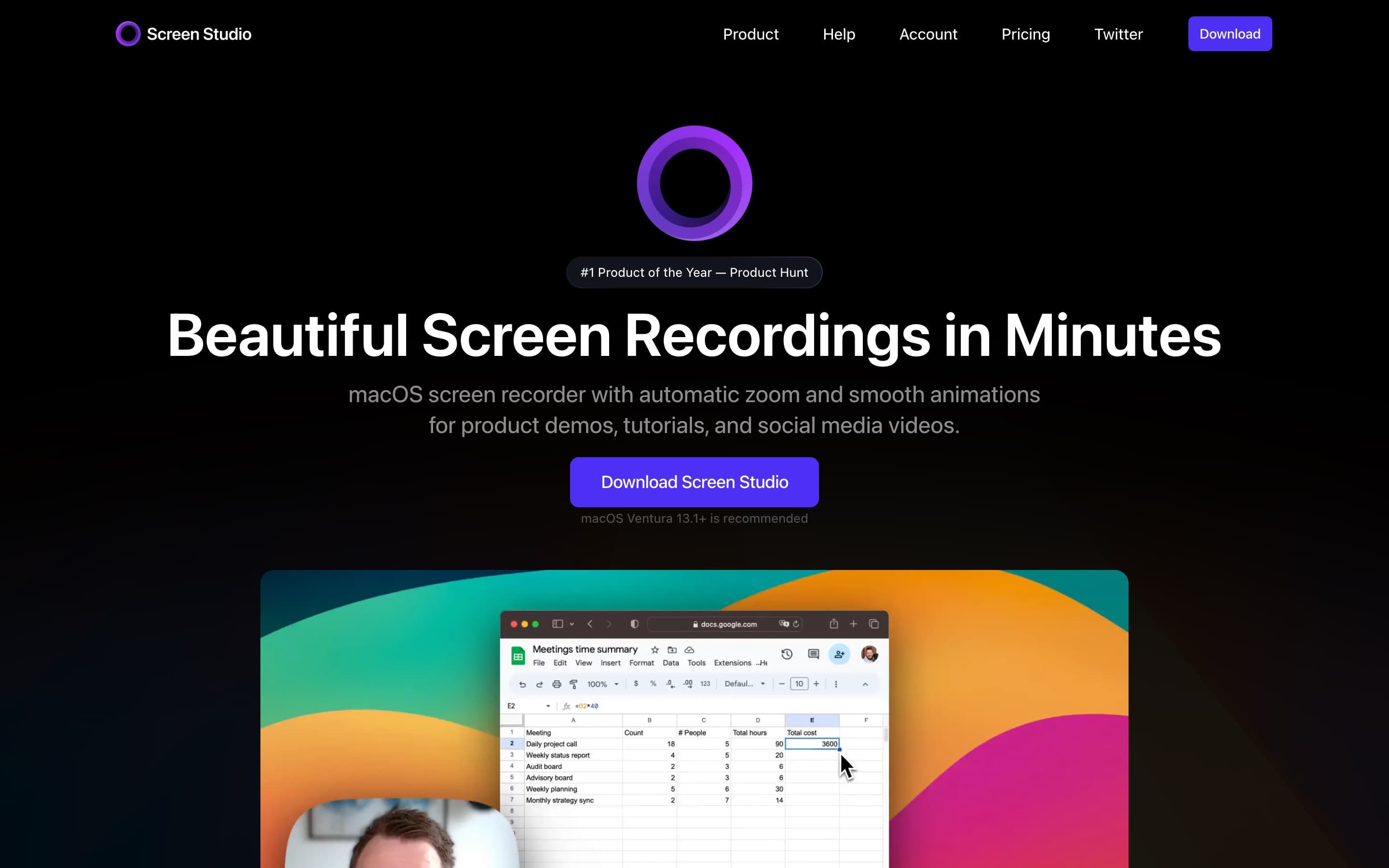 Screen Studio landing page preview