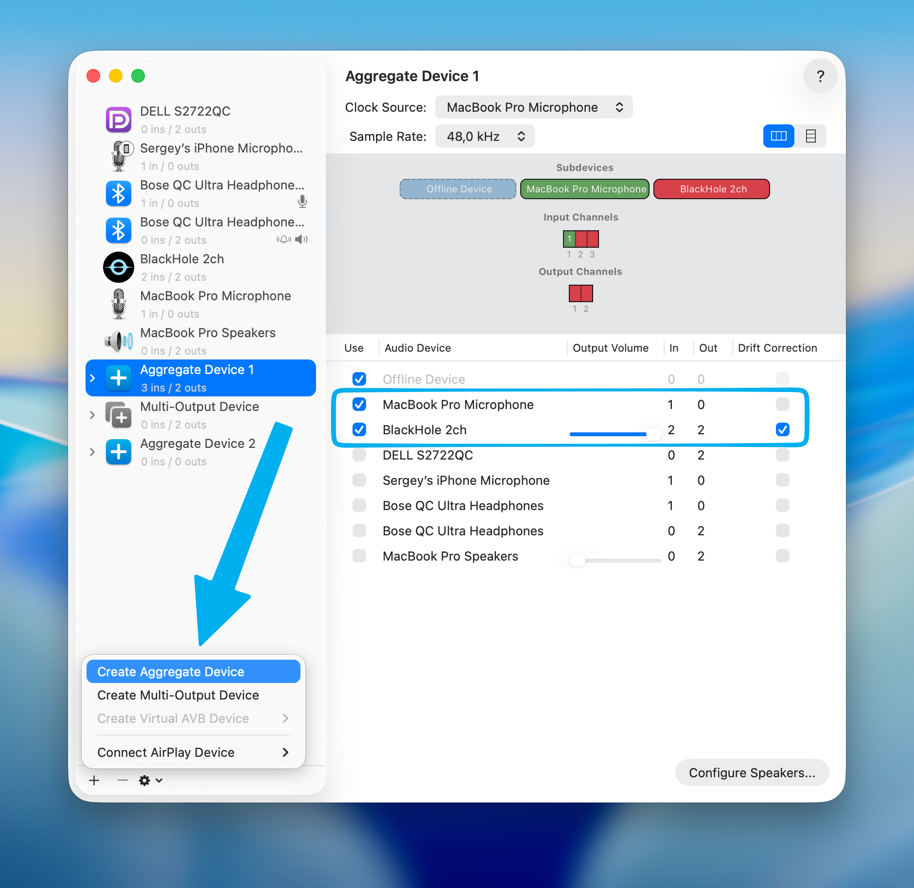 Audio MIDI Setup showing an Aggregate Device with both the microphone and BlackHole 2ch checked