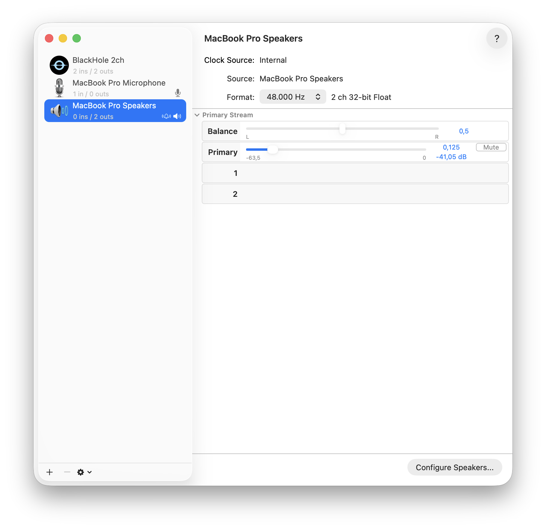 Audio MIDI Setup app showing BlackHole 2ch and MacBook Pro Speakers in the device list