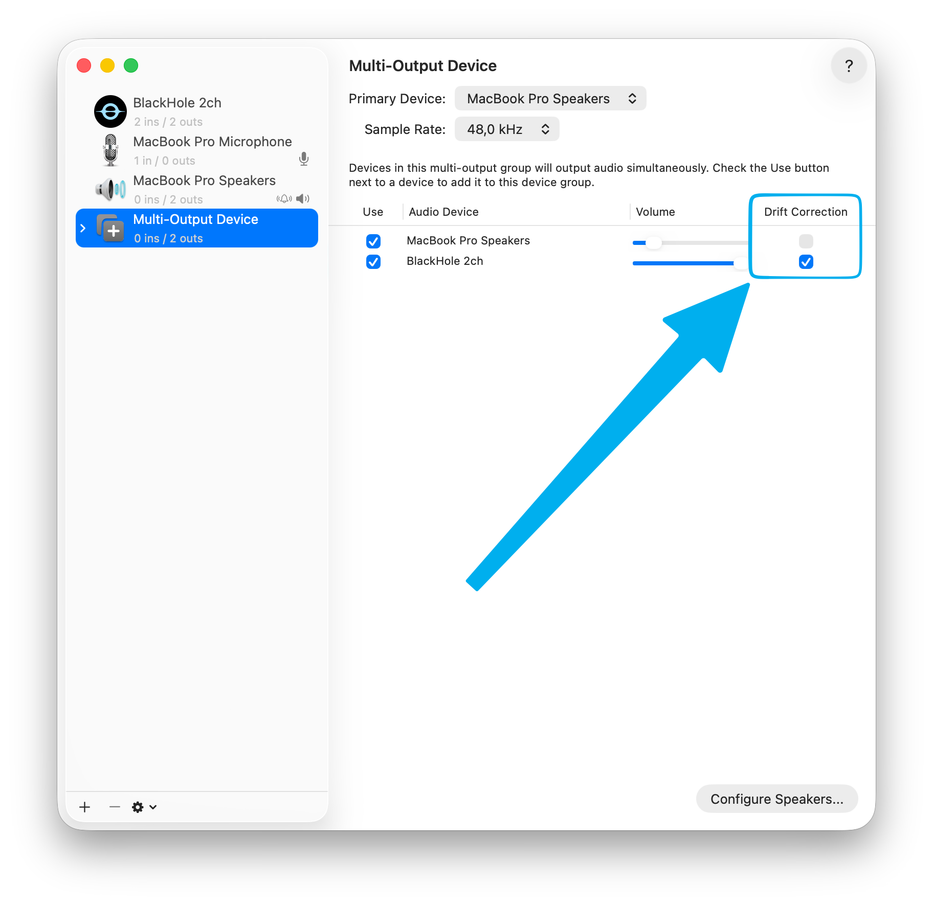 Multi-Output Device with Drift Correction checkbox enabled for BlackHole 2ch