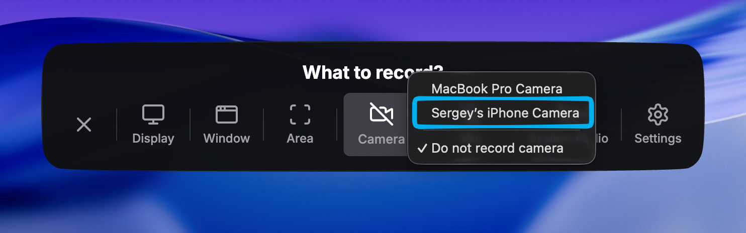 Screenshot toolbar Options menu showing an iPhone listed as a microphone source via Continuity Camera