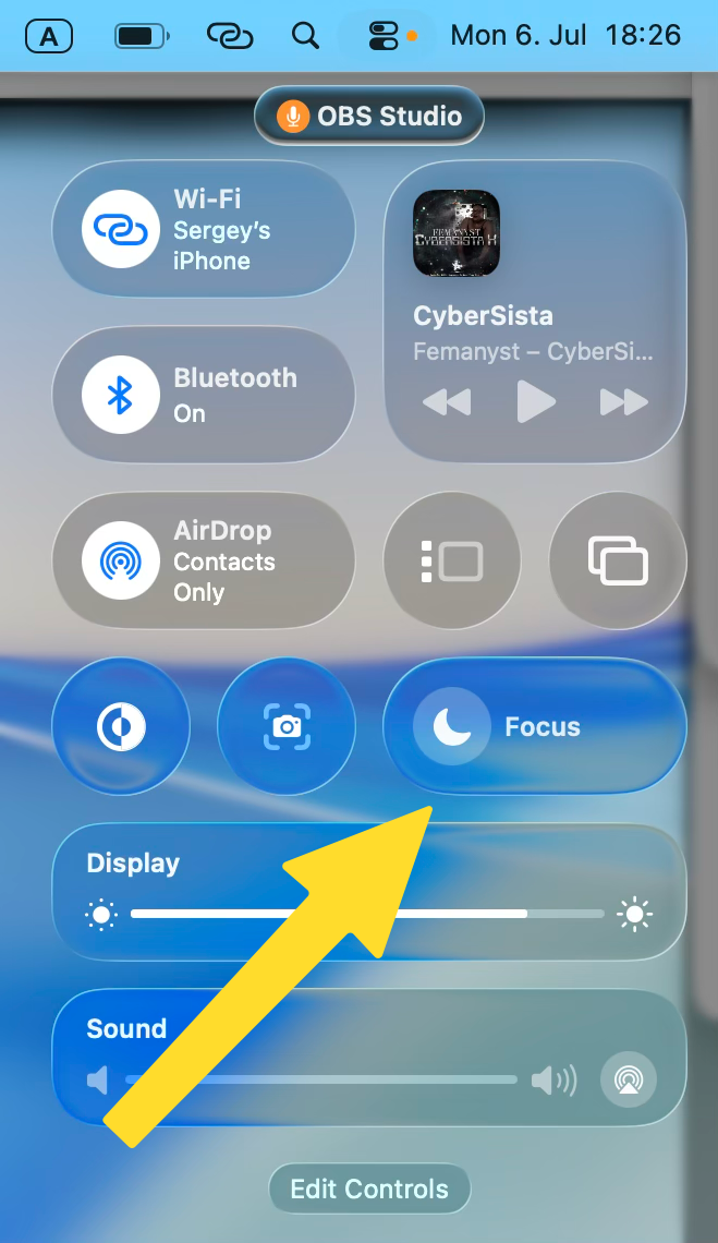Control Center with Do Not Disturb Focus mode enabled
