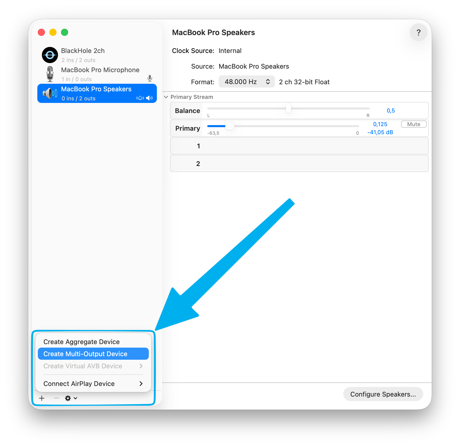 Audio MIDI Setup — clicking + and selecting Create Multi-Output Device