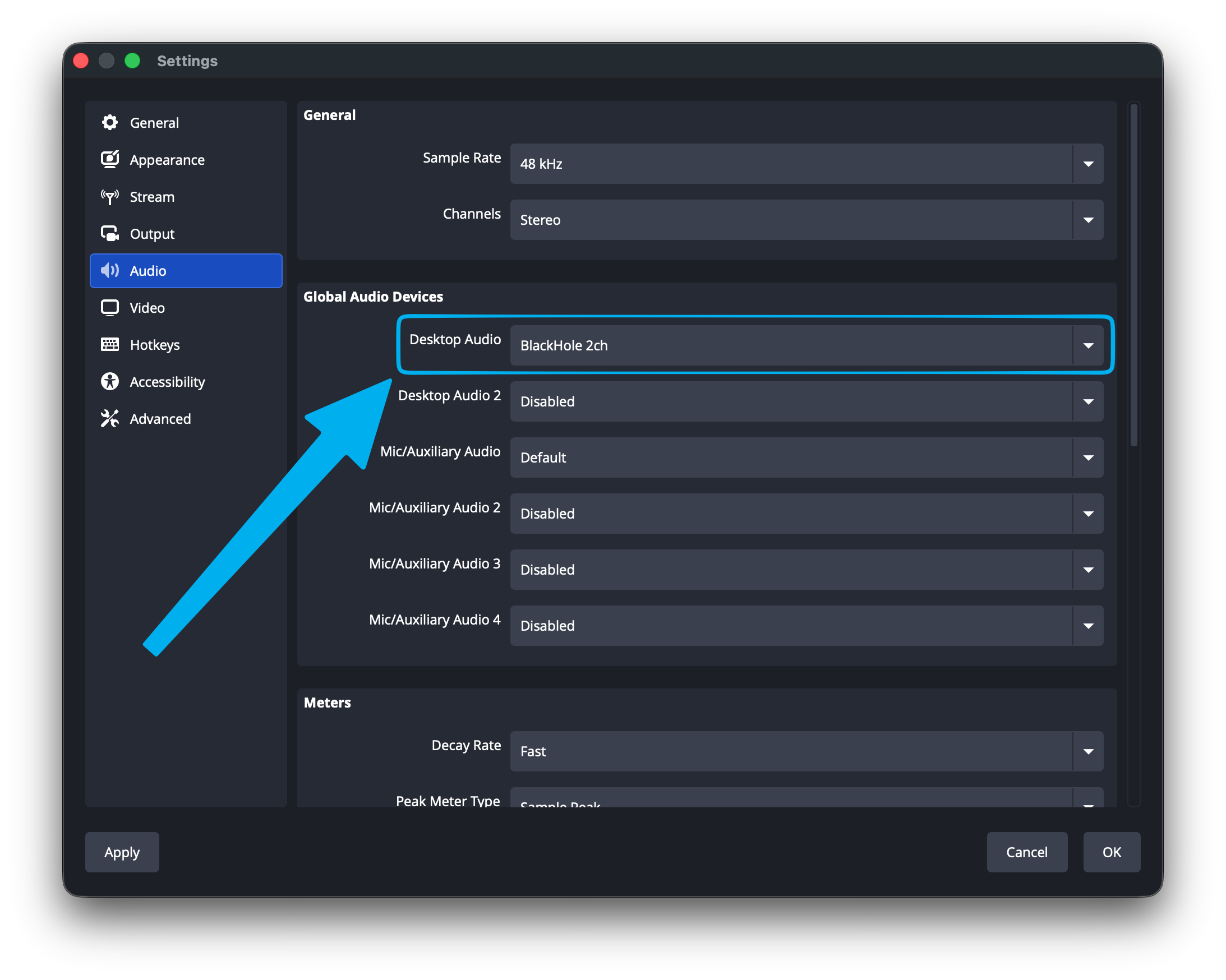 OBS Settings Audio — Desktop Audio set to BlackHole 2ch, Mic/Auxiliary Audio set to microphone