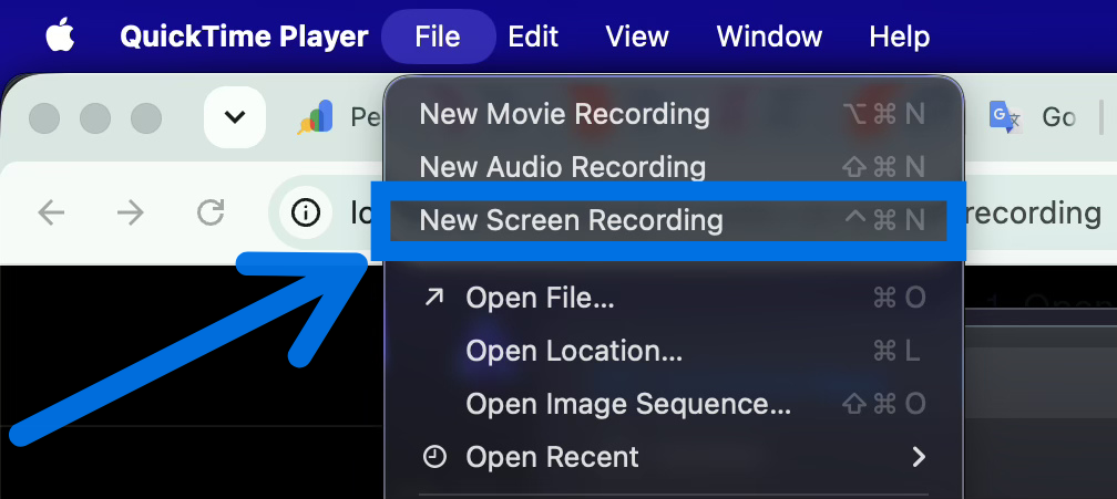 QuickTime Player File menu — New Screen Recording option