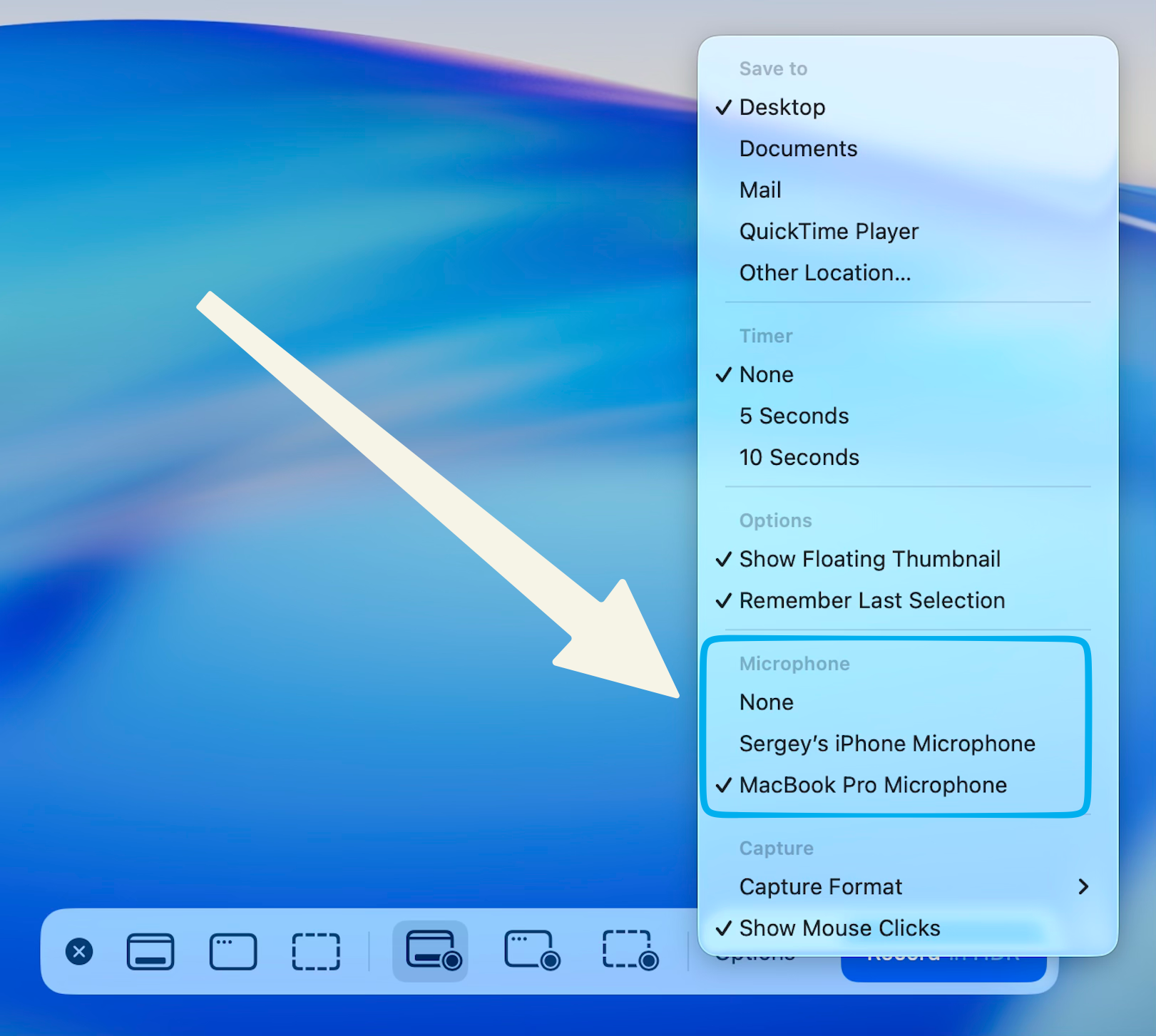 Screenshot toolbar Options — Microphone section with available microphones listed