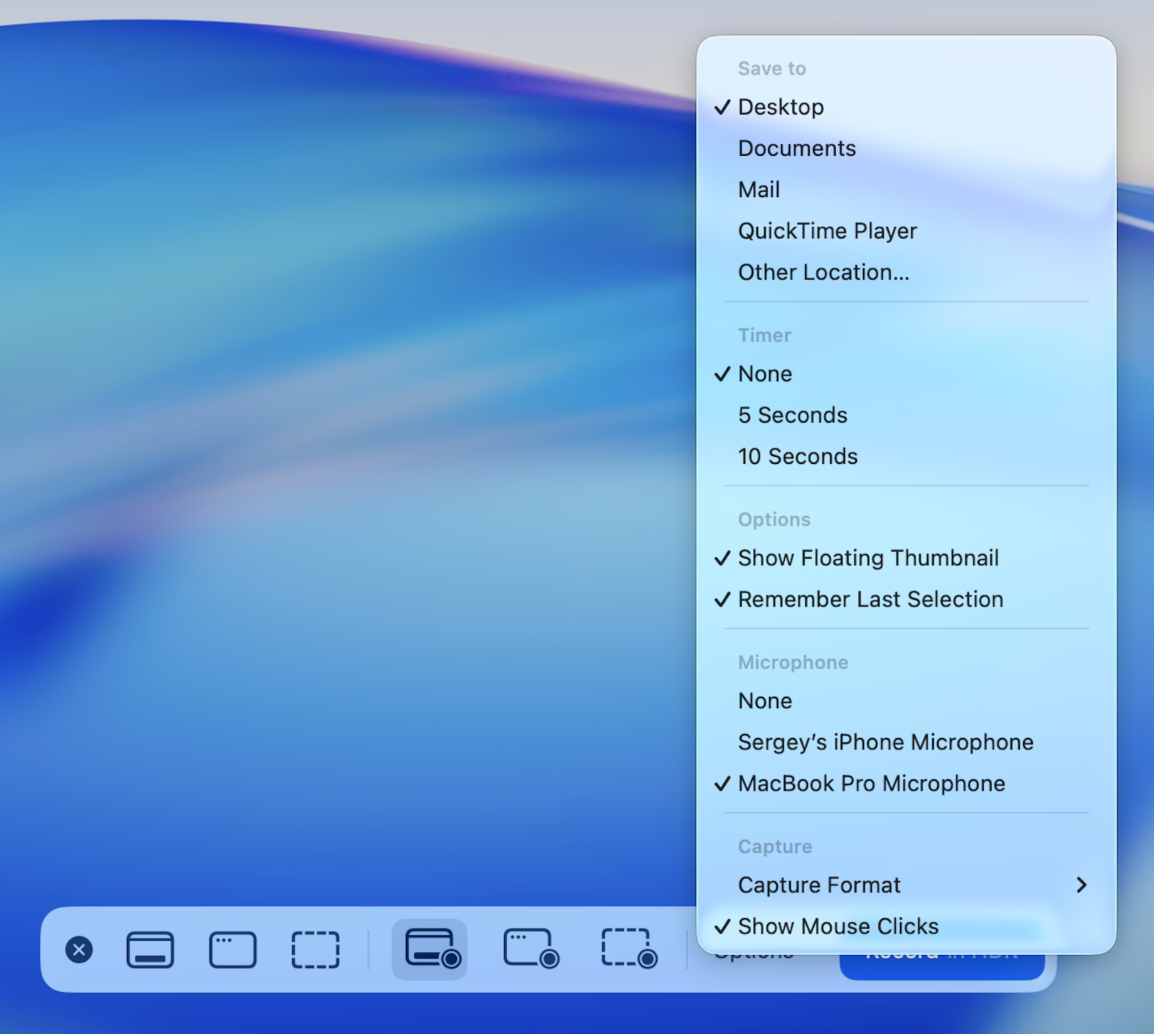 Screenshot toolbar Options dropdown showing Microphone selector, Timer, and Save location