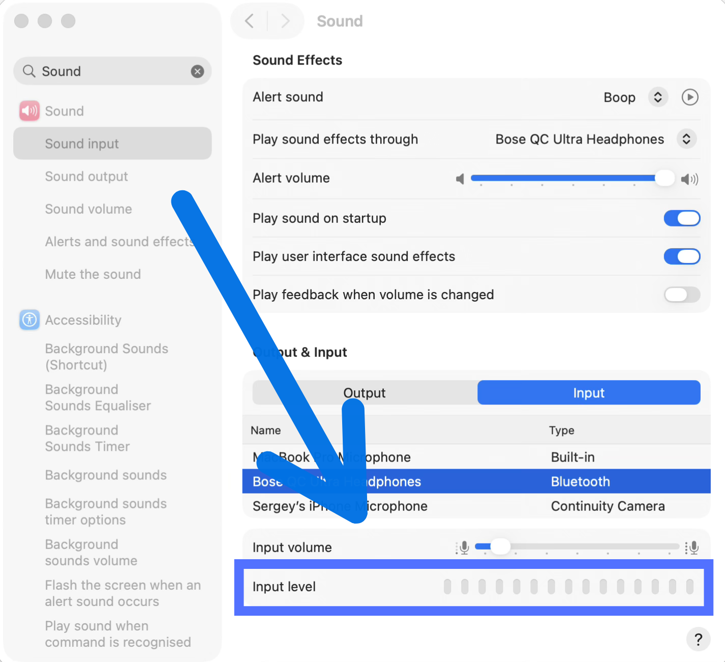 Sound input level meter in macOS — the bar should move when you speak