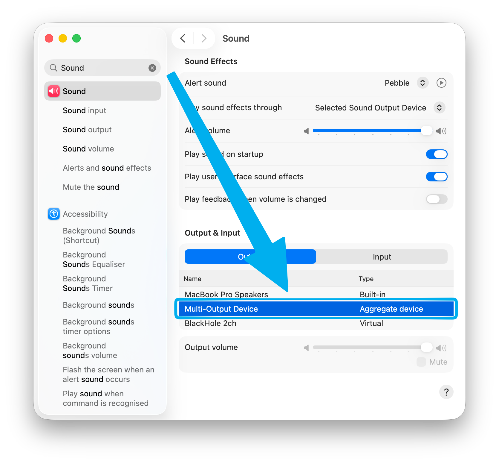 System Settings Sound Output tab with Multi-Output Device selected in the list