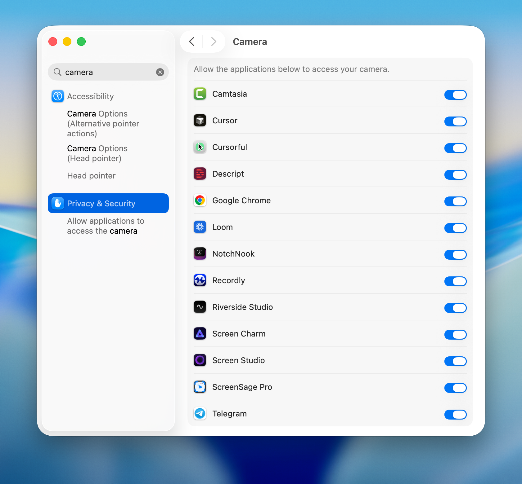 System Settings Privacy & Security Camera showing Screen Charm toggled on