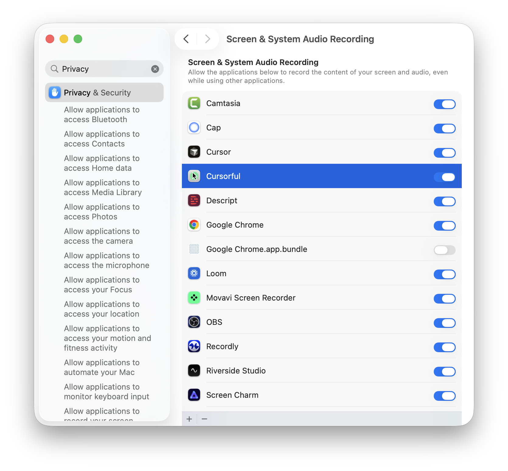 System Settings Privacy and Security Screen Recording list with app toggles
