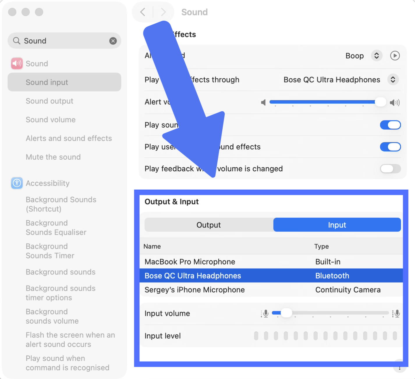 System Settings Sound Input — select your microphone and verify it is the active input