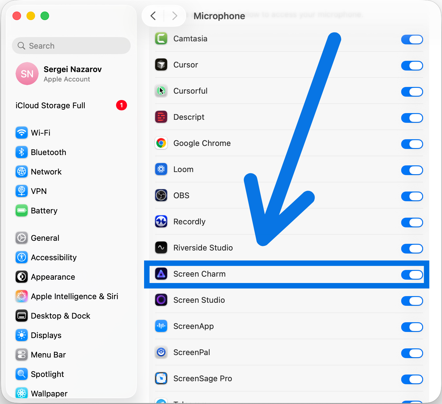 System Settings Privacy & Security Microphone — toggle your recording app on