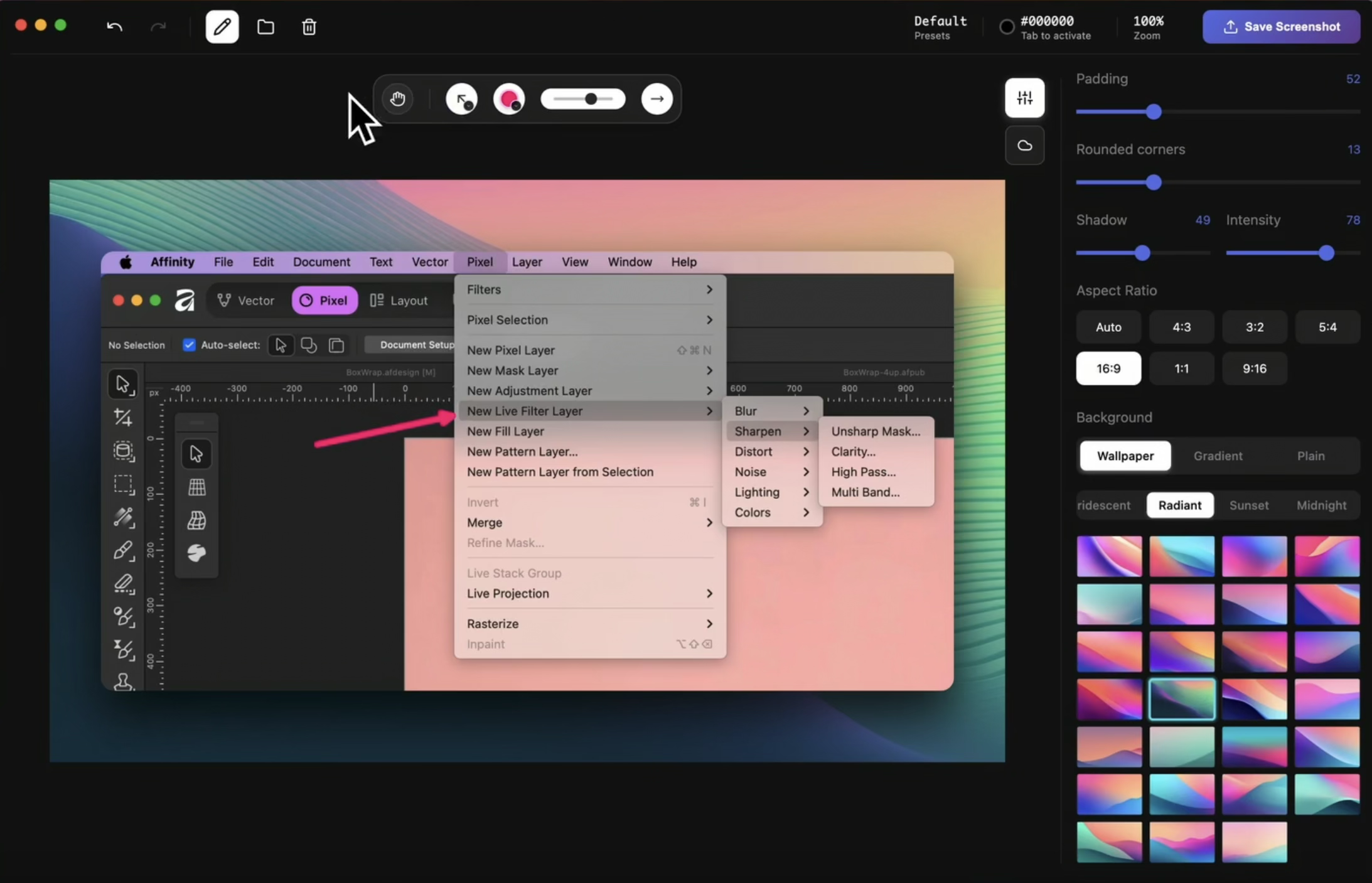 ScreenSnap Pro interface with gradient background and annotation tools
